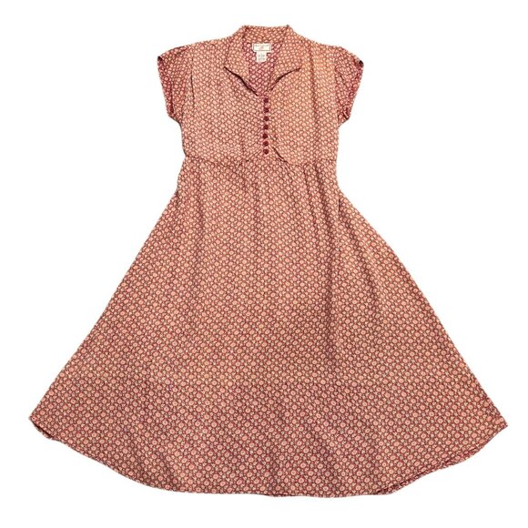 April Cornell Vtg Cap Sleeve Floral Midi Dress, Red Tan, L - Picture 7 of 10